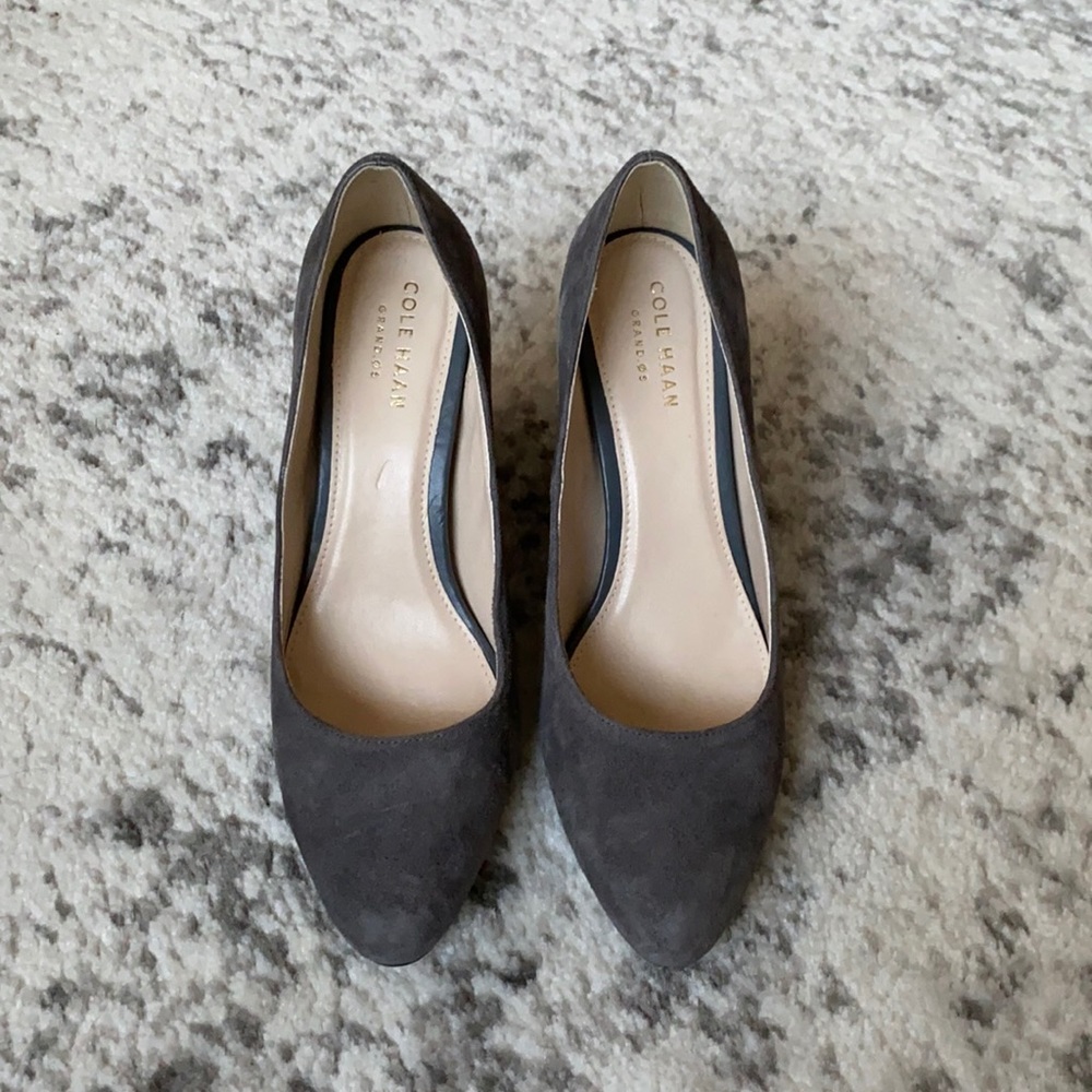 Gray suede Cole Hahn block heels